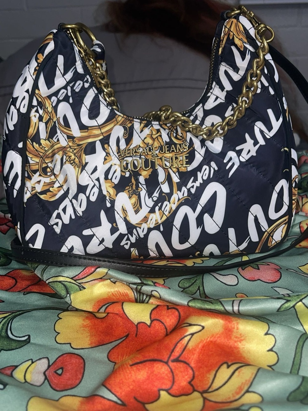 Versace Jeans Couture Black, White & Gold Logo Shoulder Bag